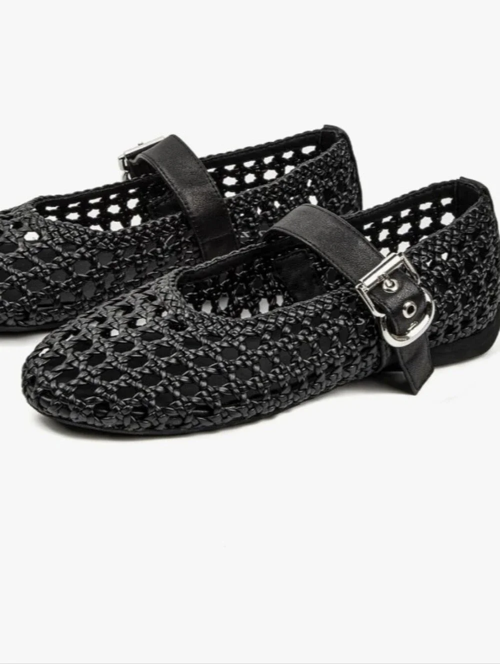 Black Woven Mary Jane Flats with Buckle Strap - Picture 2 of 4